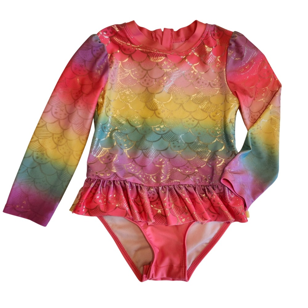 Cat & Jack Girls 4T Rainbow Mermaid Scale Long Sleeve Rash Guard Swimsuit Snaps
